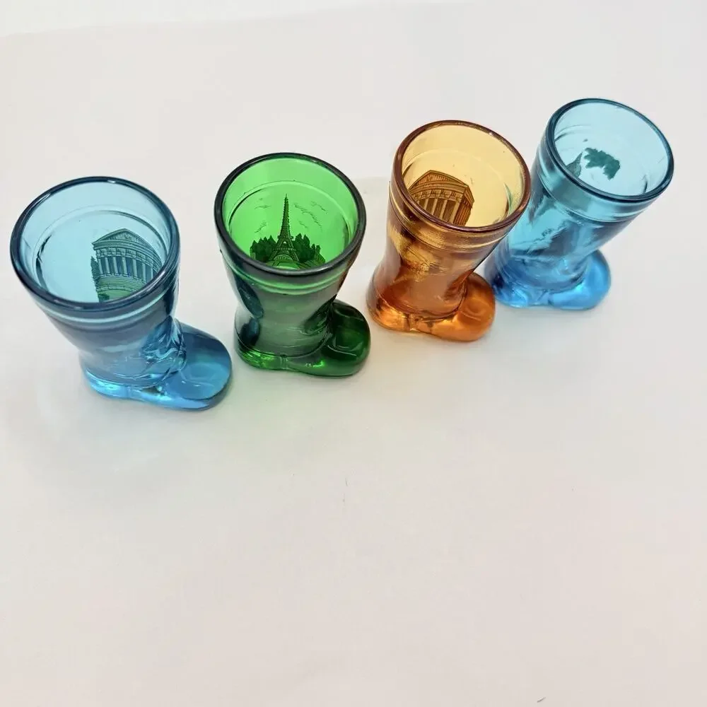 Vintage Colorful Boot Shaped Bar Shot Glasses - France Paris Landmarks Set of 4